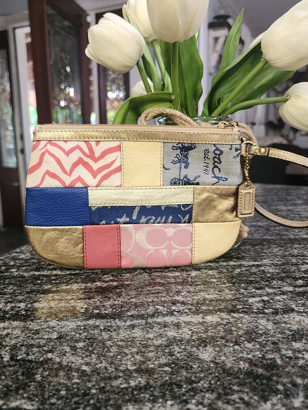 Coach Patchwork Wristlet in Pink, Gold, Blue & Cream
